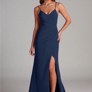 Azazie Maci Dark Navy Sheath Pleated Chiffon Dress